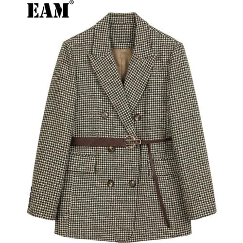 [EAM] Loose Fit Brown Plaid Double Breasted Big Size Woolen Coat Parkas New Long Sleeve Women Fashion Autumn Winter 2021 1DC025