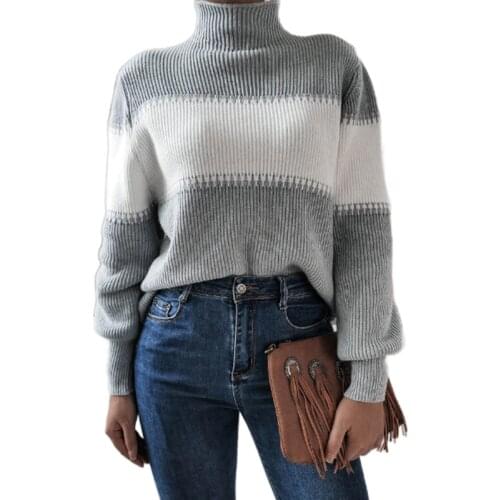 Fanco 2020 Fashion Casual Women Sweater Knitted PulloversTurtleneck Lantern Long Sleeve Female Loose Autumn and Winter Patchwork