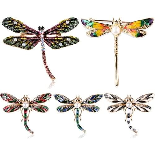 Hot Sale Crystal Imitation Pearls Dragonfly Brooches Lady Vintage Animal Pin Charming Jewelry 5 Colors Available Scarf Gift