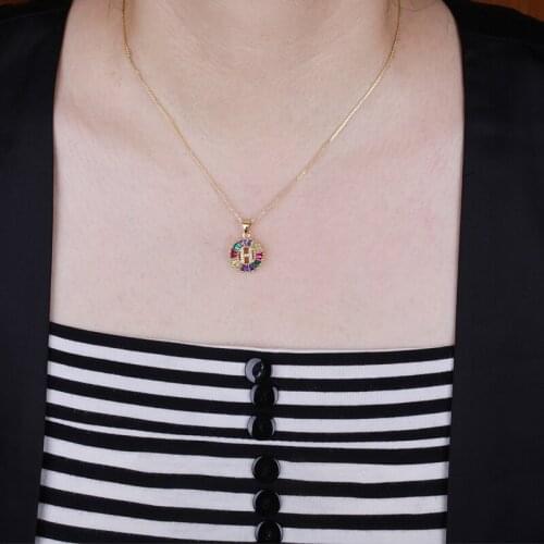 26 Initials Letter Rainbow CZ Fashionable Gold Micro Pave Rainbow Cubic Zirconia Pendant Necklaces For Women Jewelry 2021