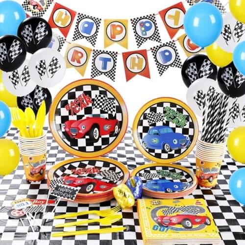Race Car Themed Party Disposable Tableware Paper Plate Cup Set Racing Flag Latex Balloons Kids Birthady Party Decor Supplies