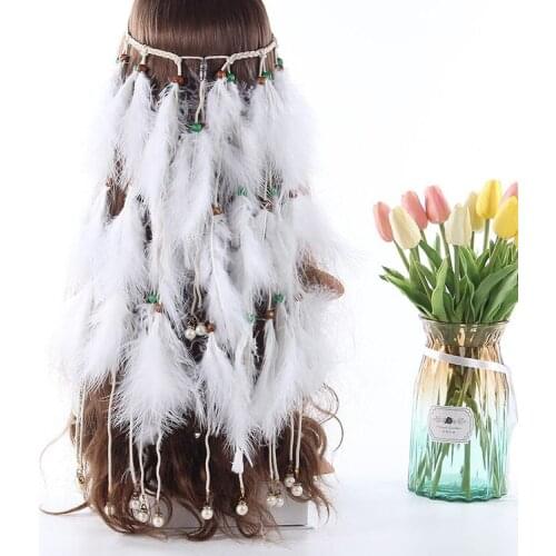 Fashion White Bohemian Elegant Natural Feather Draped Long Braided Headband Hair Accessories Festive Feather Hair Band Extension