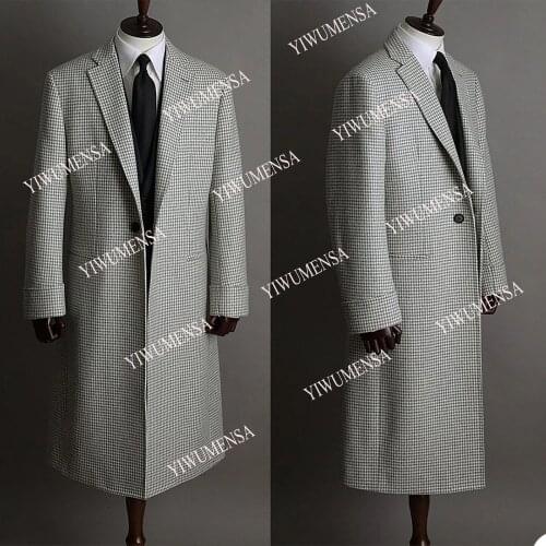 YIWUMENSA Autumn/Winter Mens Long Overcoat Wedding Tuxedos Plaid Check Prom Party Blazer Coat Only One Piece Groom Wear Jacket