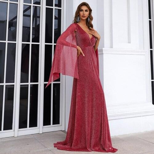 Luxury Sequins Long Cloak Sleeves Party Clothes Woman Elegant Maxi Dresses Vestidos Sexy V Neck Glitter Evening Club Dress