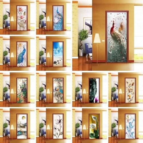 Self-Adhesive 3D Door Sticker Blue Golden Peacock Flower Landscape Waterproof Art Deco Wallpaper Home Decoration Print Picture