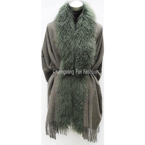 CX-B-P-04E Womens Winter Fashion Mongolian Lamb Fur Lined 100% Wool Shawl