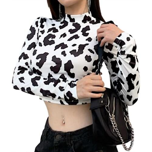Women Milk Cow Print Crop Tops Long Sleeve Turtleneck Slim Blouse Lady Sexy Spring Autumn Tops