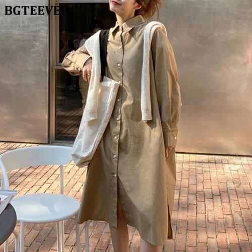 BGTEEVER Vintage Lapel Women Solid Shirt Dress 2021 Autumn Ladies Vestidos Full Sleeve Single-breasted Female Oversized Dress