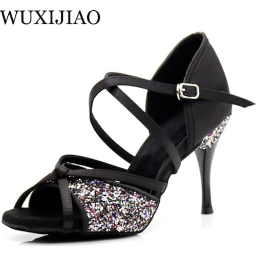 WUXIJIAO Dance Jazz Shoes Black Bronze Skin Latin Dance Shoes For Women Salsa Latin Shoes Girls Ballroom Latin Shoes 8.5cm Heel