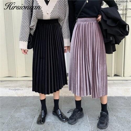 Hirsionsan Gold Velvet Pleated Skirts Women 2020 Spring New Korean Fashion Solid A Line Skirt for Lady Chic Elegant Midi Skirt