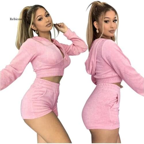 Women Pink Casual Two Piece Set Zipper Hoodie Crop Top and Pants Tracksuit Set Solid 2 Piece Set Outfits New Women Autumn Summer