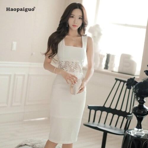 Women Summer Bandage Dresses 2018 Sexy Club White Sheath Lace Patchwork Sleeveless Office Dress Knee Length Celebrity Vestidos