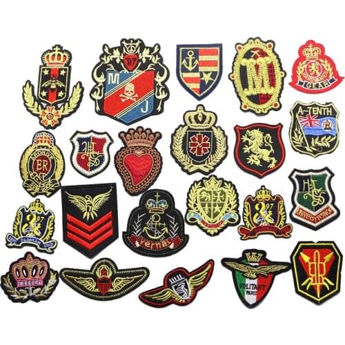 Gold Thread Crown Navy And Army Shield Embroidery Military Uniform Stripe Iron Decal Backpack Badge Jacket Bag Sewing Sticker