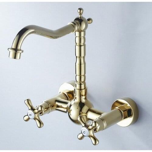 Gold Polished Brass Double Cross Handles Swivel Spout Kitchen Bathroom Tub Sink Faucet Mixer Water Taps agf054
