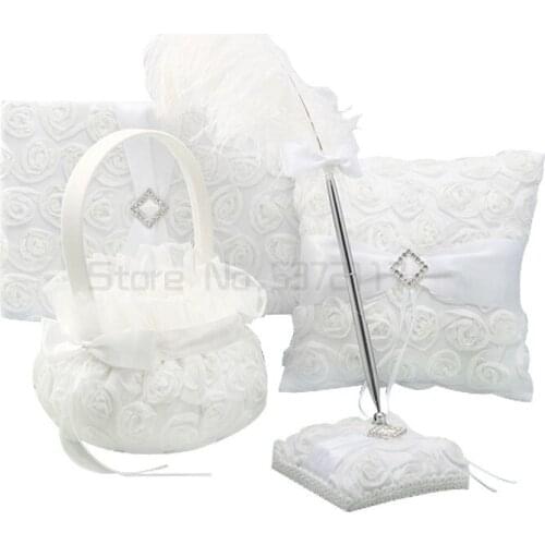 White rose Flower Wedding Decoration Guest Book Pen & Ring Pillow & Girls Flower Basket set Brides event supplies