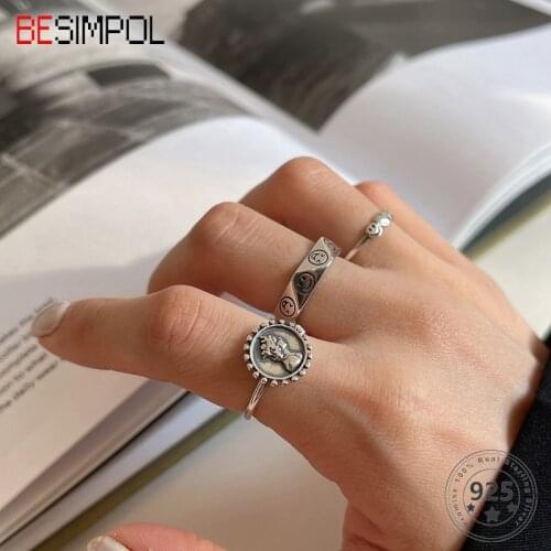 Besimpol Korean Minimalist 925 Sterling Silver Empress Rings Design Sense Smiley Irregular Ring For Women Vintage Fine Jewelry