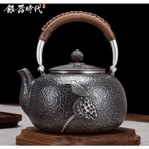 Ag999 Sterling Silver Teapot Hand-Carved Kitchen Utensils Handmade Coffee Tea Pot