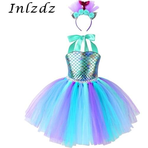 Kids Girls Mermaid Costume Outfit Halter Neck Fish Scales Printed Mesh Tutu Dress with Hair Hoop for Halloween Carnival Cosplay