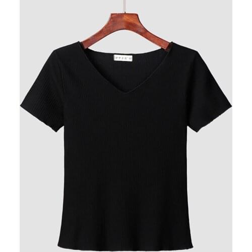 Fashion V Neck Kintted Tops Women White Black T Shirt Chic Short Sleeve Tees Striple Cotton Tshirts Summer Aesthetic T-shirt top