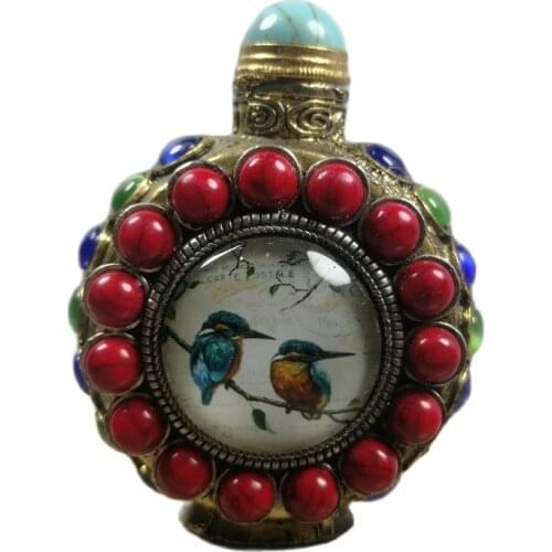 Chinese old Beijing old goods collection old Copper tire cloisonne with turquoise snuff bottle flowers and birds