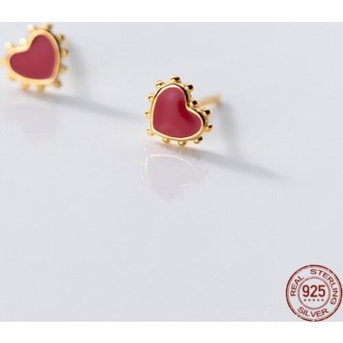LKO Fashion MInimalist 925 Sterling Silver Bead Red Heart Stud Earrings Romantic Anniversary Jewelry Gift For Woman Girl Friend