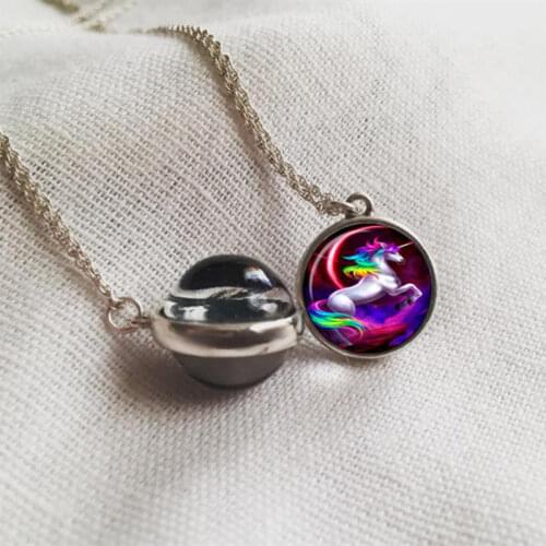 Trendy Color Unicorn Metal Necklace Unicorn Art Picture Double Sided Glass Ball Necklace Pendant Jewelry
