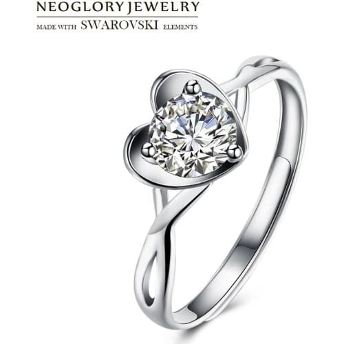 Neoglory S925 Sterling Silver & AAA Zircon Engagement Wedding Ring Adjustable 3 Claws Design Glamour Love Heart Anillos Gift