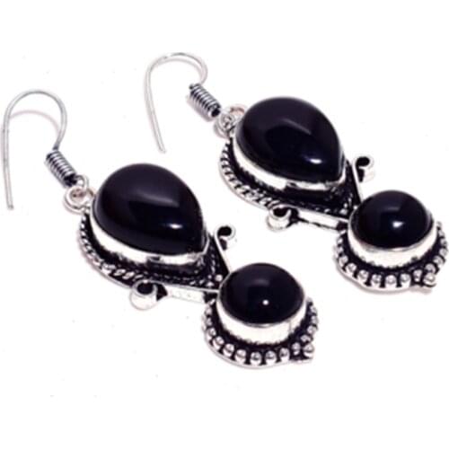 Genuine Black Onyx Silver Overlay on Copper Earrings , Hand made Women Jewelry Gift