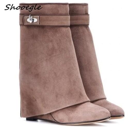 SHOOEGLE Super Fashion Women Riding Boots Shark Lock Leather Suede Wedge Booties Height Increasing Botas Martin Boots Wedges
