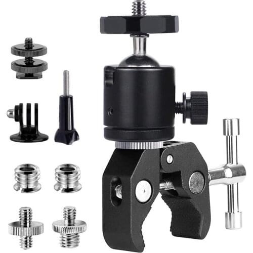 Tripod Clamp, Super Clamp Tripod Articulated Ball Head Hot Shoe Tripod Head with 1/4 3/8 Inch Thread Adapter