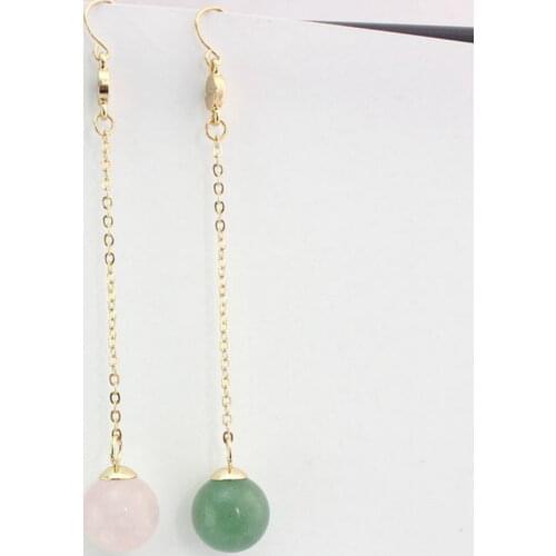 Thin Long Link Chain Natural Stone Aventurine Quartz Ball Dangle Earrings for Women Asymmetry Jewelry