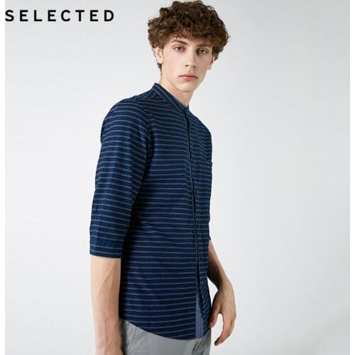 SELECTED Men Summer Shirt 3/4 Sleeves Stripe Shirt Streetwear |418331509