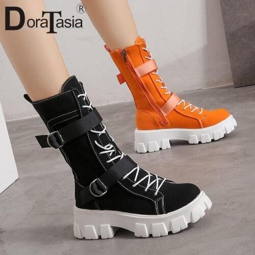 DORATASIA Brand New Womens Platform Comfortable Mid-Calf Boots Fashion Zipper Casual Sewing Boots Round Toe Chunky Shoes Woman