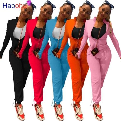 HAOOHU Women sets Finger Hole Zipper Full Sleeve Sport Jackets+drawstring Sweatpant Jogger Active Wear Two Piece Suits