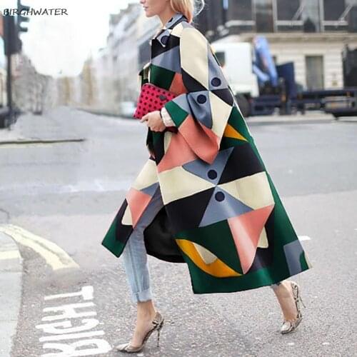 Autumn Winter Coat Fashion Geometric Color Print Coat Women Casual Long Cardigan Coat Turn-Down Collar Vintage Clothing