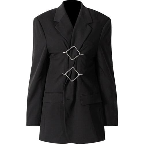 SeeBeautiful Metal Hasp Loose Blazer Coat Notched Collar Long Sleeve Single Breasted New Fashion Spring 2021 Women M021