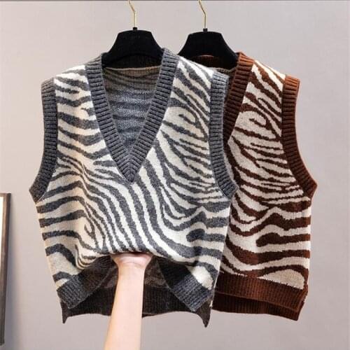 2021 New Fashion Womens Knitted Sleeveless Vest Pullover Sweater Autumn Winter V-neck Zebra Pattern Waistcoat Casual Tops KW490