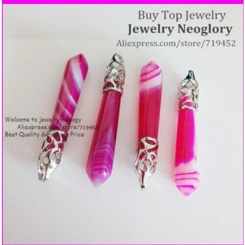 10pcs Natural Rose Stripe Stone Gems Stones Hexagon Point Reiki Chakra Pendant Necklace Earrings Beads Jewelry Silver Plated