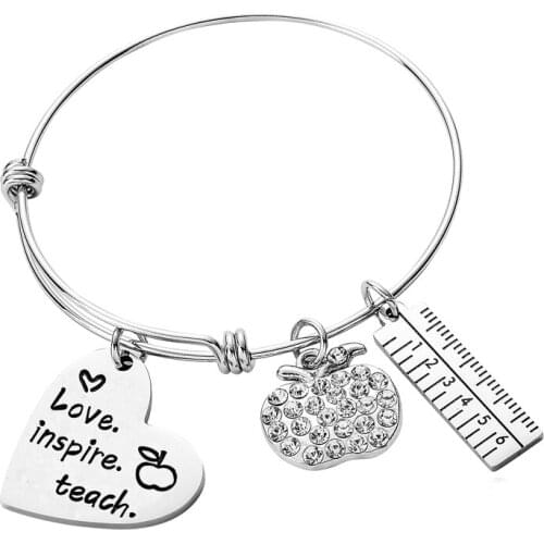 12PC/Lot Love Inspire Teach Crystal Apple Teacher Bangle Gifts For Teachers Stainless Steel Bangle Bracelets Jewelry