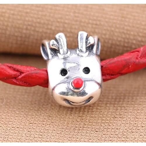 Authentic S925 Silver Charm fit Lady Bracelet Bangle Cute Red-nosed Reindeer Beads DIY Jewelry