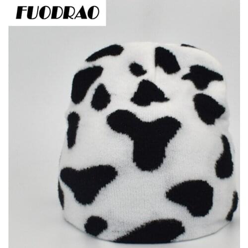FUODRAO New 2020 Winter Beanies Hat Women Cows Print Elastic Knitted Cap Girls Warm Ski Hats Bonnet Men Z9