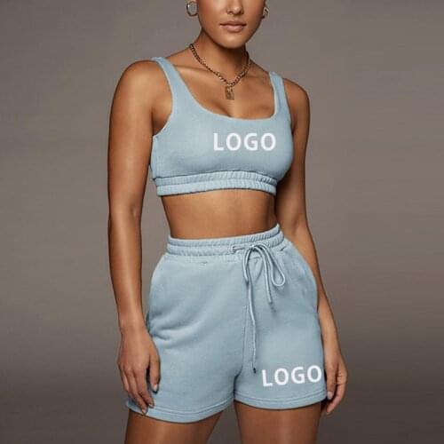 Custom Your Logo Summer Women Tracksuit Sleeveless Crop Top Loose Drawstring Shorts 2 Piece Sets Casual Fitness Outfits 2021