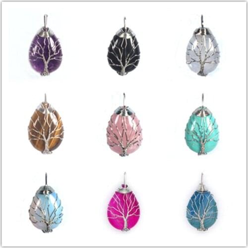 Trendy-beads Silver Plated Wire Wrap Handmade Tree of Life Many Color Water Drop Stone Pendant Agates Jewelry