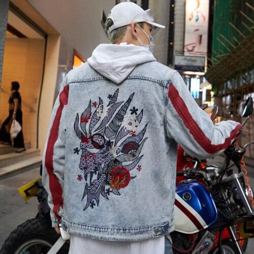 2020 Men Hip Hop Jacket Streetwear Embroidery Denim Jacket Graffiti Harajuku Red Striped Denim Jacket Coat spring Autumn