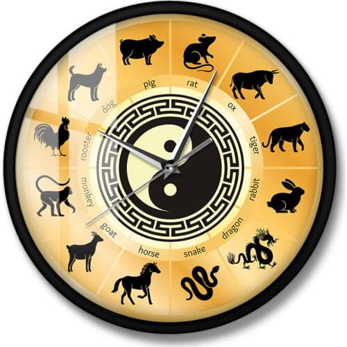 Chinese Culture Wall Art Yin and Yang Circle Chinese Zodiac Sign Sheng Xiao Wall Clock Silent Non-ticking Wall Clock Timepiece