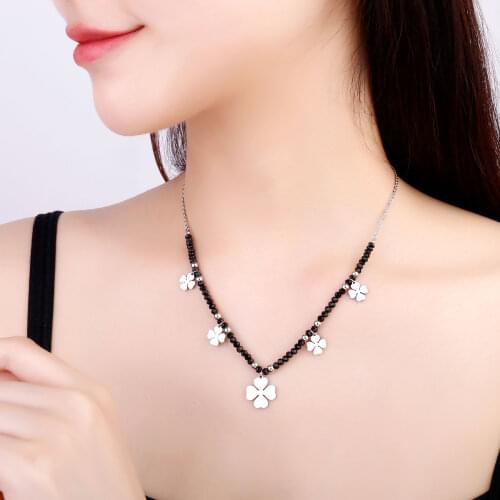 Stainless Steel Four Clover Charms Necklace For Women Black Crystal Chains Choker Necklace Bijoux Collier Fashion Jewelry 2021