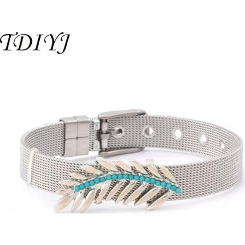 TDIYJ Newest Collection Mesh Stainless Steel Keeper Bracelet with Palm Leaf Brushed Slide Charms for Women 1Set