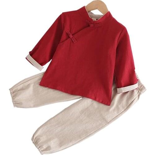 2021 new Autumn And Winter Childrens Clothing New Boys and Girls Cotton and Linen Trousers Suit Chinese costume style