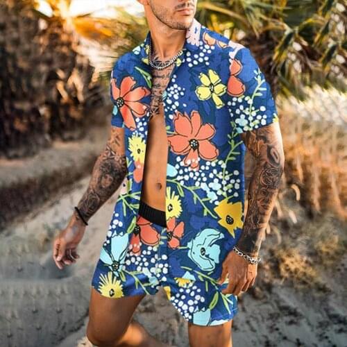 New Mens Two Piece Set Hawaiian Shirt+Beach Shorts Single Breasted Casual Floral Loose Short Sleeves Summer Vacation Loose Suit
