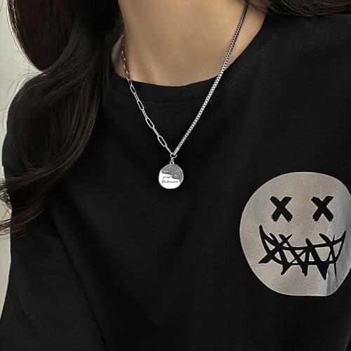 Titanium Steel Hip Hop Letter Print Coin Pendant Necklaces for Women Man Unisex Linked Chain Asymmetric Chokers Necklace Jewelry
